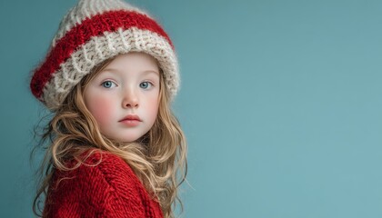 Young female child with fair complexion wears warm knitted winter clothing against a plain backdrop