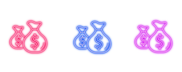 Neon glowing money bag vector icons set, currency, wealth, finance, investment, profit, savings, vibrant colorful digital design illustration on transparent background. © MdSumon
