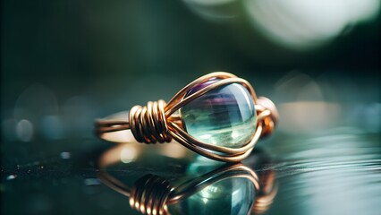 A fluorite ring shifting between green and violet wire wrapped in artisan style warm daylight soft background blur serene