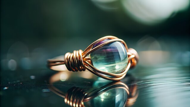 A fluorite ring shifting between green and violet wire wrapped in artisan style warm daylight soft background blur serene