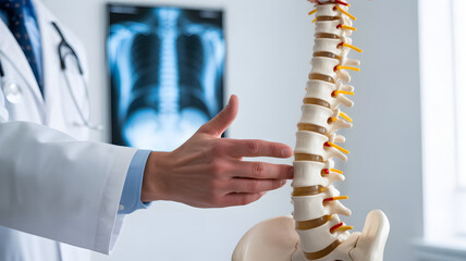 Doctor explains spine model near X-ray showing medical treatment options