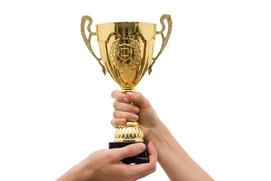Collaborative success symbolized by two hands holding up a gleaming golden trophy award