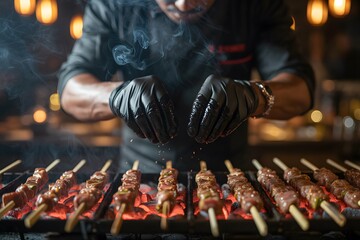 Chef with black gloves grilling meat skewers over glowing coals barbecue