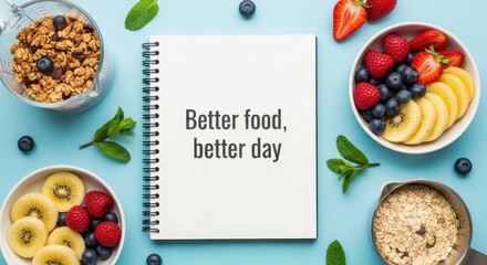 Notebook with text surrounded by healthy fruits on a blue table