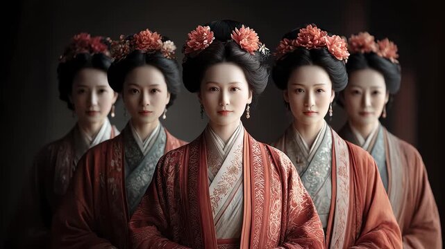 Group portrait of elegant women in splendid Tang Dynasty costumes