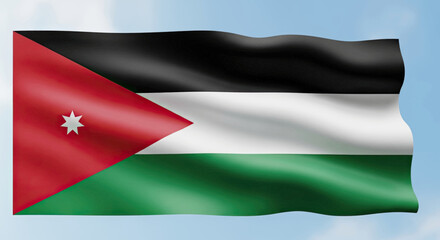 The national flag of Jordan is waving in the wind against a clear blue sky with white clouds.
