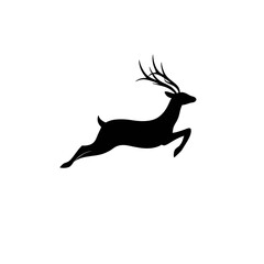 Obraz premium Black silhouette of a majestic deer with antlers leaping gracefully across a white background, capturing its dynamic movement.