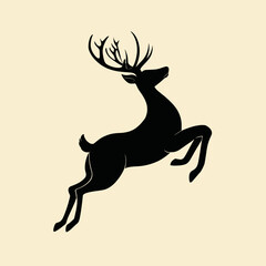 Obraz premium Silhouette of a leaping deer with large antlers, set against a neutral background, showcasing graceful movement.