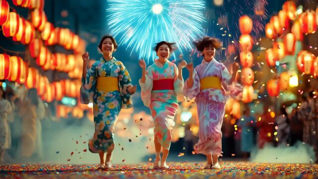 女性が夏祭りで走る花火の賑わう夜道の情景