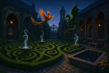 Magical castle courtyard with phoenix and dragon topiary sculptures under starlit sky