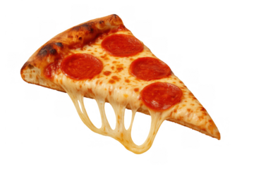 Pepperoni pizza slice stretching hot melted cheese on transparent background, a classic italian fast food