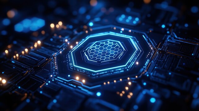 Blue Hexagon Logo with Glowing Honeycomb Patterns, Illuminated Screen on Dark Blue Background, Modern AI Technology Company Brand Identity Design