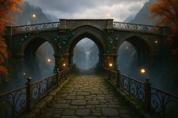 Mystical ancient stone bridge over canyon with waterfall and glowing fireflies