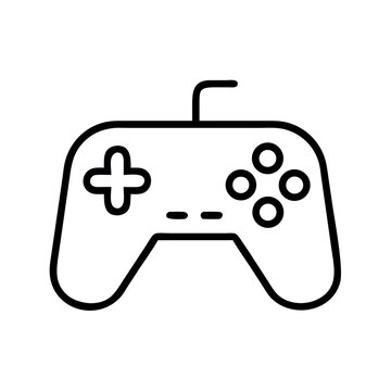 Simple line art icon of a classic video game controller with a wire