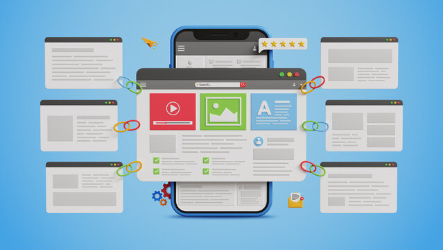 Website Link Building, Content Backlink Strategy, SEO Growth, Improved Rankings, Organic Traffic Boost, Digital Visibility Tactics. 3D website page with  backlink pages on a mobile