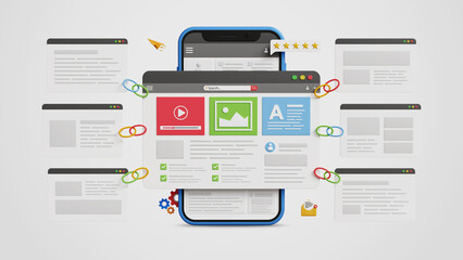 Content Backlink Strategy, SEO Growth, High Authority Links, Improved Rankings, Organic Traffic Boost, Off-page SEO concept. 3D web page with other backlink pages on smartphone