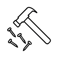 Simple outline drawing of a claw hammer and several small nails on a white background