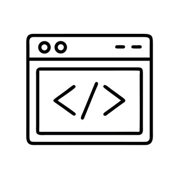 Simple line art icon representing a web browser window displaying code symbols