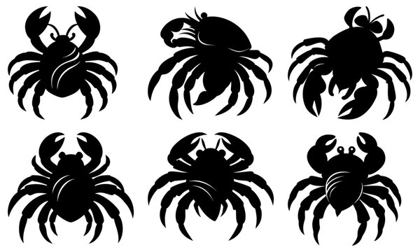 Collection of six crab silhouettes in various poses showcasing their distinct features and forms in black