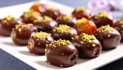 Chocolatecovered dates with pistachio garnish.