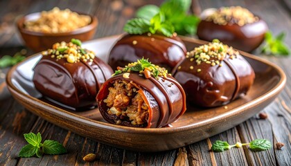 Chocolate desserts with nuts and mint leaves.