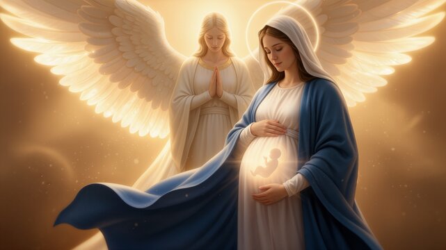 Pregnant Holy Mary Holding Her Belly with a Glowing Jesus Fetus