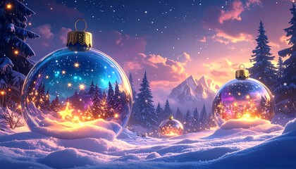 Christmas ornaments snowy landscape with sunset.