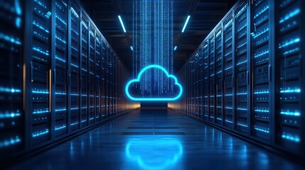 Glowing Blue Cloud Icon in Open Server Room with Storage Hardware and Holographic Data Streams, Modern Cloud Computing Technology Infrastructure Concept