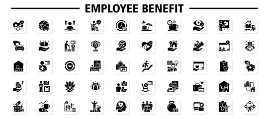 Set of 50 Employee Benefit web icons in pictogram style. life insurance, sport, people development, disability insurance, flexible hours, vacation, coffee break, vision insurance, and training.