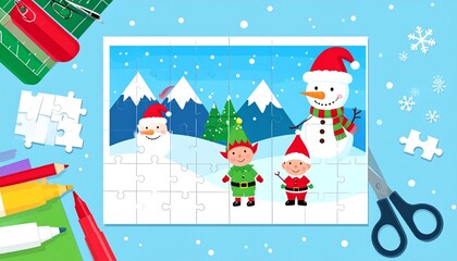 Christmas puzzle with snowman  elf characters.