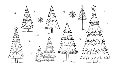 Christmas trees doodle art with snowflake background.