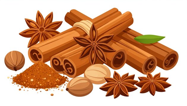 Cinnamon sticks with anise, and nutmeg and spices.