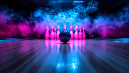 a bowling ball striking the pins on an indoor bowling ball