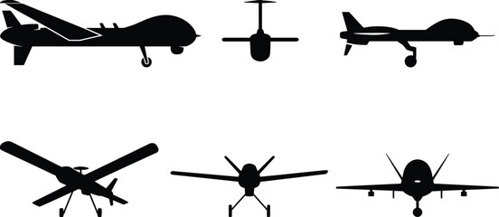 Drone silhouettes, UAV designs, aerial vehicle icons, unmanned aircraft shapes, drone comparison, black outline, aviation tech, drone models