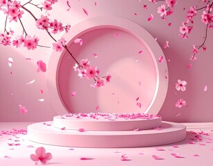 A pastel pink scene with cherry blossoms, falling petals, and a circular podium. Branches frame a round backdrop