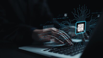 Digital image showcasing hands typing on a laptop with a futuristic circuit board overlay, symbolizing advanced technology, innovation, and data processing in modern computing. Qubit - Powered by Adobe