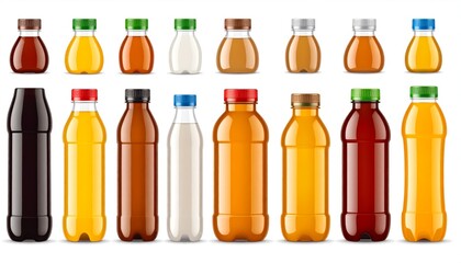 Colorful assorted juice bottles isolated.