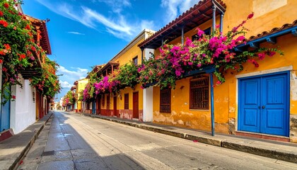 Obraz premium Colorful Colonial Street with Bougainvillea.