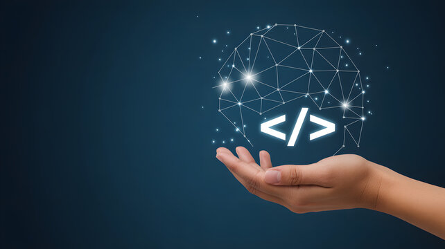 Hand holding glowing code symbol representing technology, innovation, and digital future