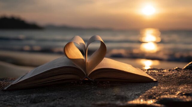 Heart shaped book pages resting on sand with sunset over sea creating a romantic atmosphere for reflection and inspiration