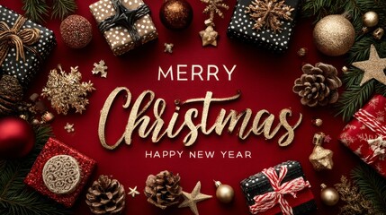 Futuristic neon-blue Christmas greeting card with holographic lettering, chrome ornaments, neon snowflakes, hologram gifts, metallic pine cones and high-tech photorealistic cyber design