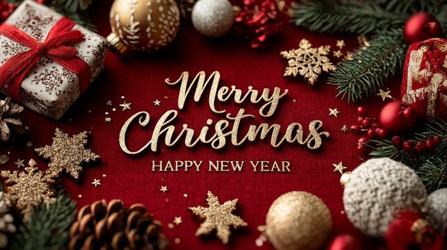 Vibrant red Christmas greeting card with gold lettering, sparkling stars, golden snowflakes, ornaments, pine cones, green branches and symmetrical top-down photorealistic festive design