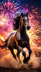 A majestic brown horse gallops through a smoky cloud with a vibrant fireworks display erupting in the backdrop
