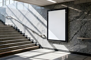 Modern urban transit station interior with empty illuminated advertising billboard, marble walls, sunlight shadows, and ascending staircase architecture