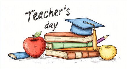 Stack of books graduation cap pencil and apples with Teacher's Day text