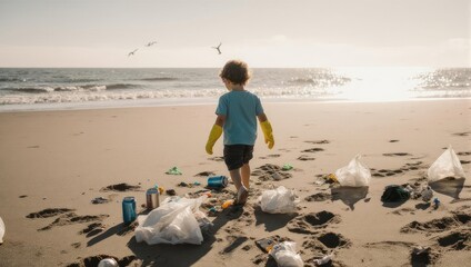 Young child walks on a polluted beach littered with plastic waste.
