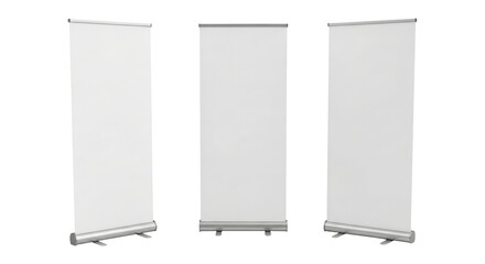 Empty White Pull Up Banners for Advertising and Marketing Displays, Cut Out, Clipping Path, Isolated on a Transparent PNG Background.