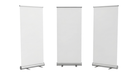Empty White Pull Up Banners for Advertising and Marketing Displays, Cut Out, Clipping Path, Isolated on a Transparent PNG Background.
