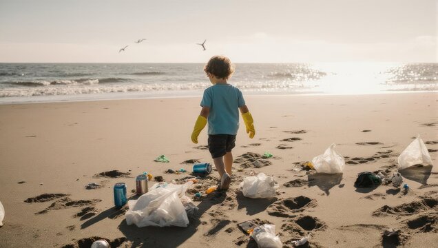Young child walks on a polluted beach littered with plastic waste. - Powered by Adobe