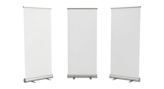 Empty White Pull Up Banners for Advertising and Marketing Displays, Cut Out, Clipping Path, Isolated on a Transparent PNG Background.